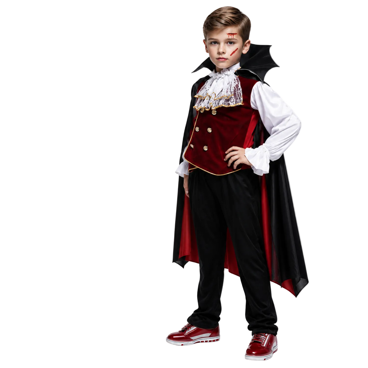 Boys vampire costume set, black colourway front view