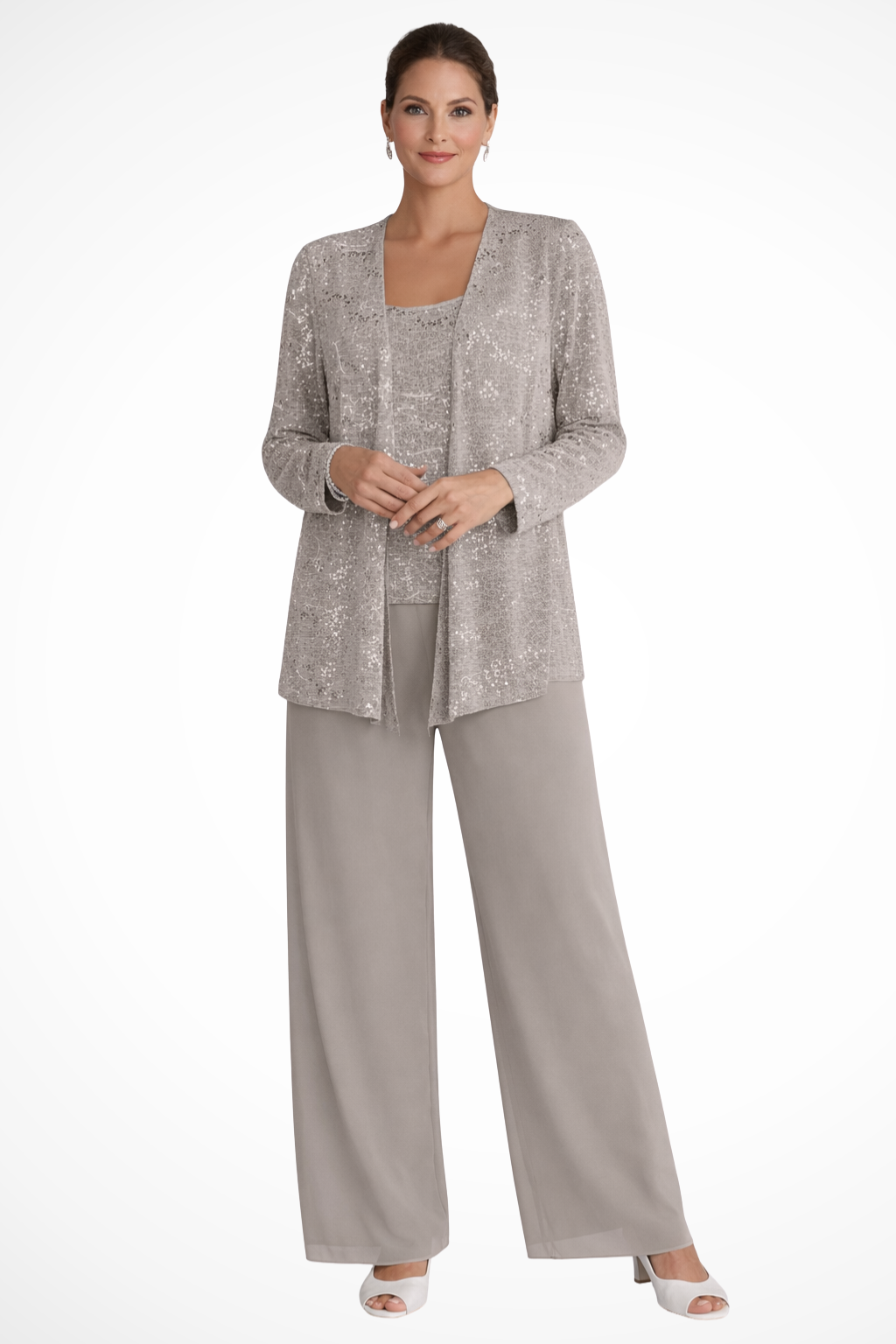 Tailleur Donna Tre Pezzi in Pizzo e Paillettes - Pantaloni Palazzo Cerimonia