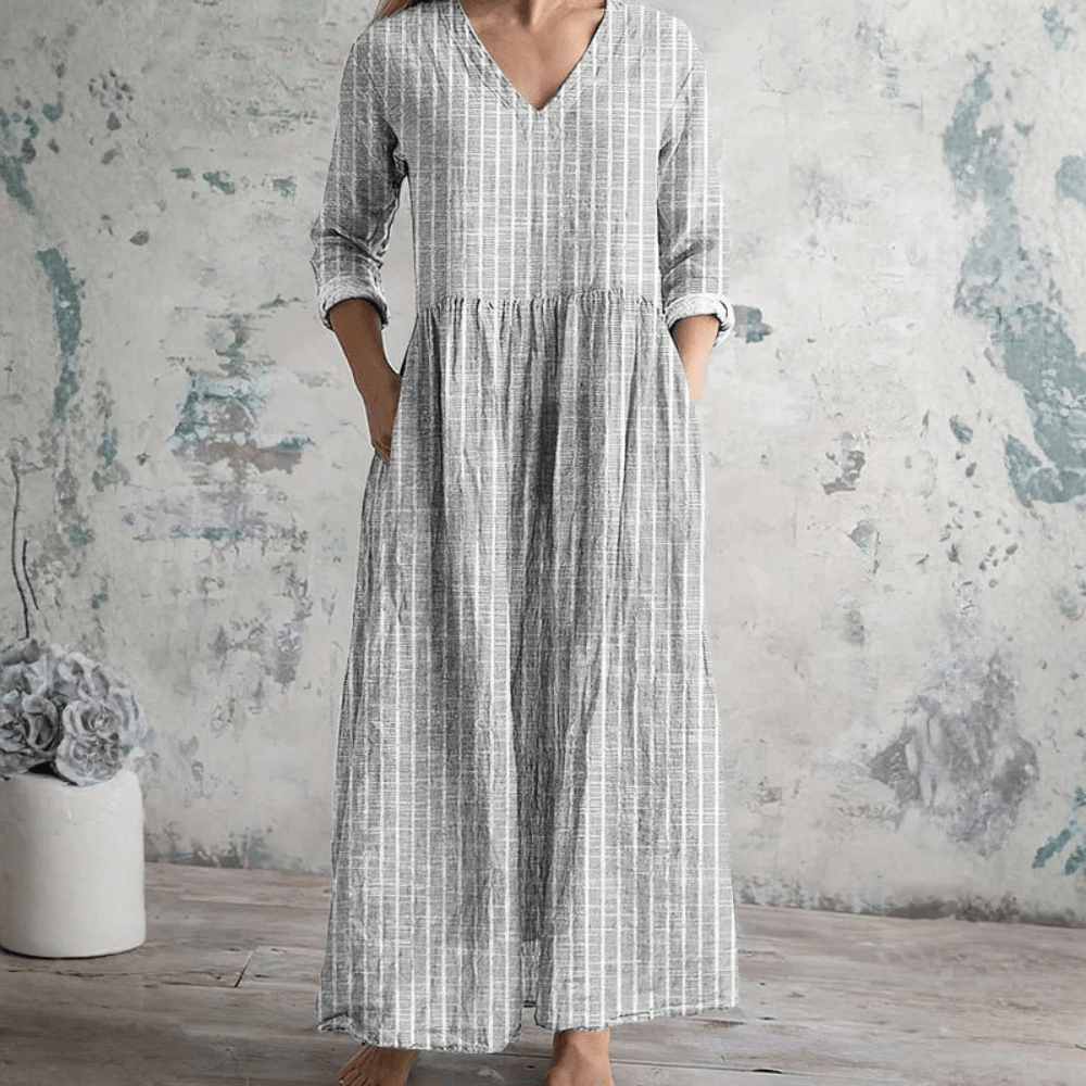 Vestito Donna a Righe Scollo V Manica Lunga