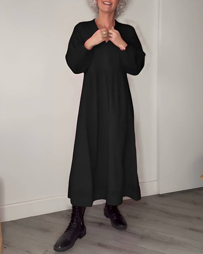 Abito Lungo Donna Scollo a V - Maniche Lunghe in Cotone