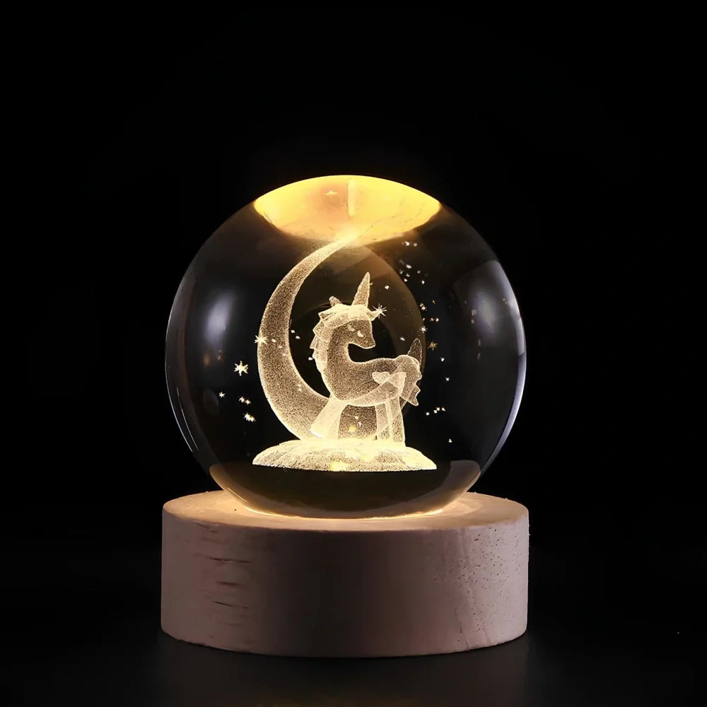 Sfera di Cristallo Luminosa 3D con Base LED in Legno - Lampada da Notte USB