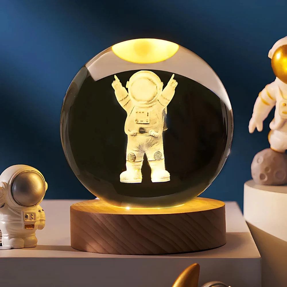 Sfera di Cristallo Luminosa 3D con Base LED in Legno - Lampada da Notte USB