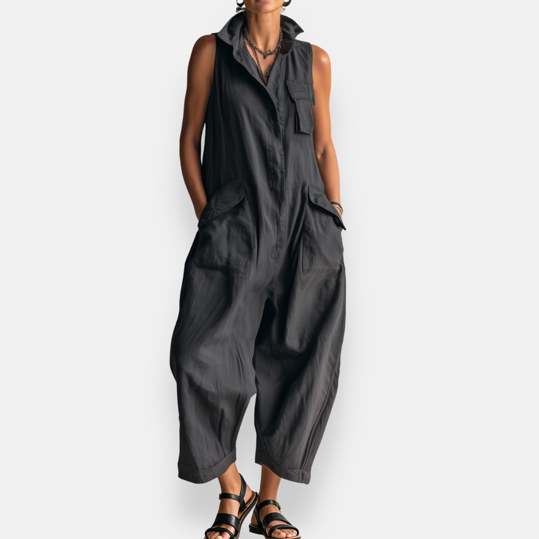 Tuta Jumpsuit Donna Senza Maniche Stile Cargo con Colletto
