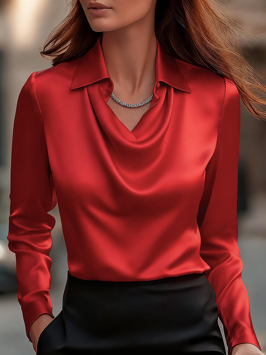 Blusa Femminile Sottile – Con Collo Drappeggiato, Adatta per Lavoro e Uso Quotidiano