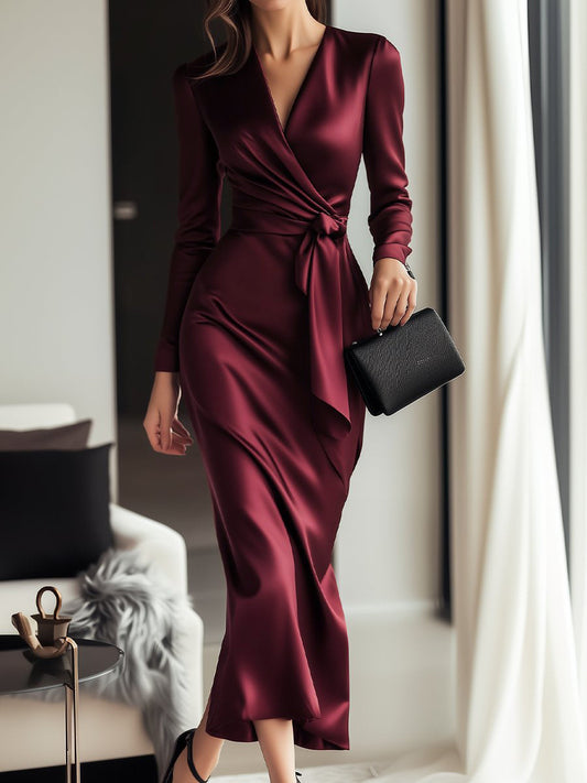 Abito Femminile Scollo V – Con Cintura, Adatto per Occasioni Festive