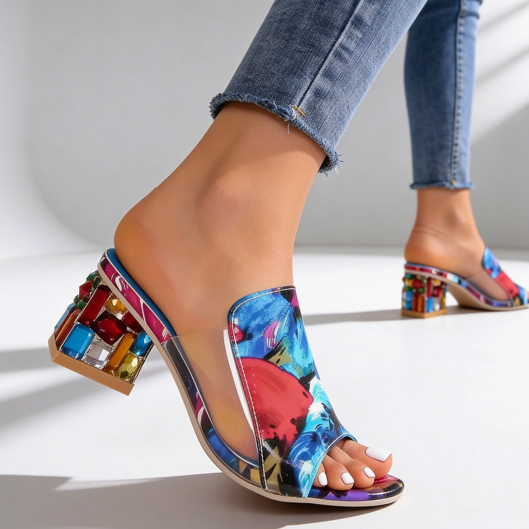 Sandali Donna Slide Tacco Gioiello con Strass Multicolor