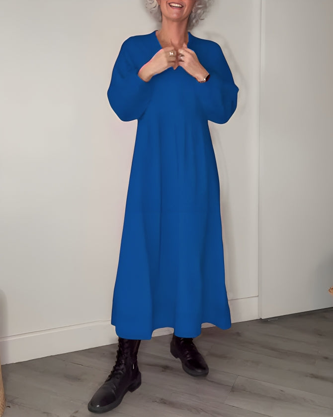 Abito Lungo Donna Scollo a V - Maniche Lunghe in Cotone