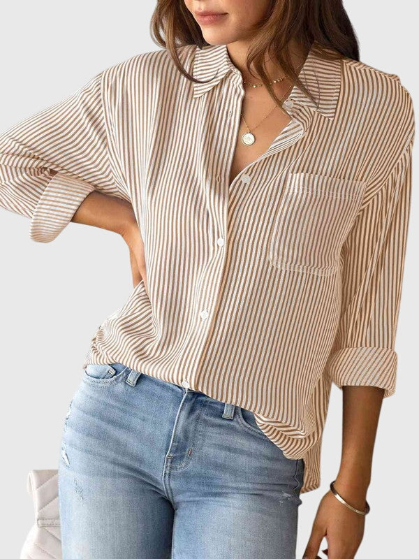 Camicia Donna a Righe con Colletto e Allacciatura Frontale
