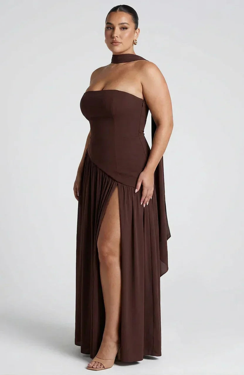 Vestito Elegante Donna Lungo Senza Spalline Bicolore con Spacco
