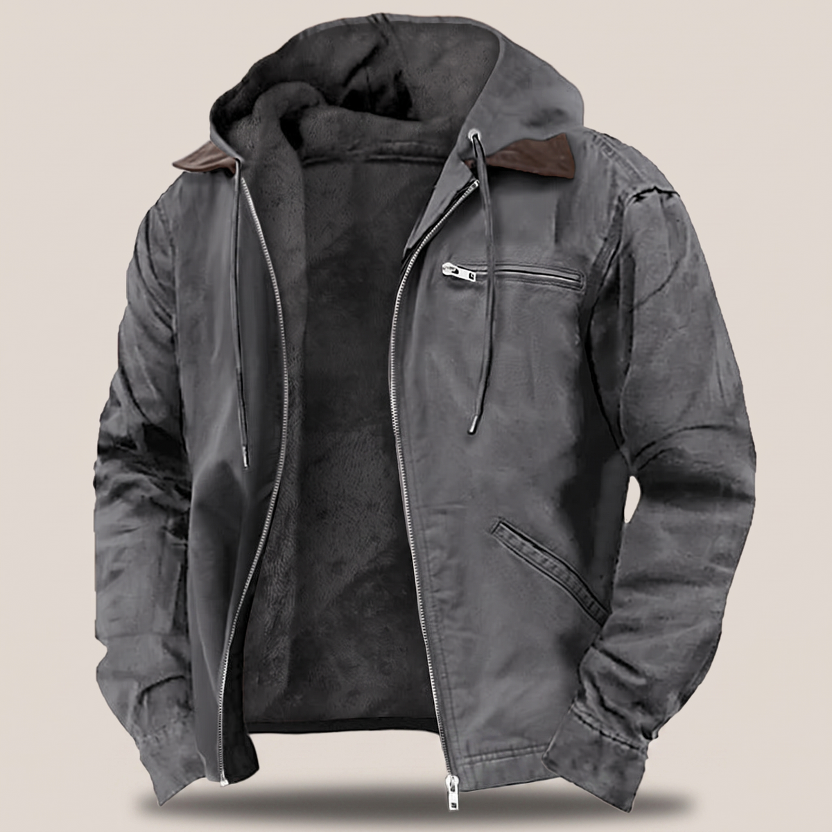 Giacca Uomo Invernale con Cappuccio Full-Zip in Canvas Foderata in Pile