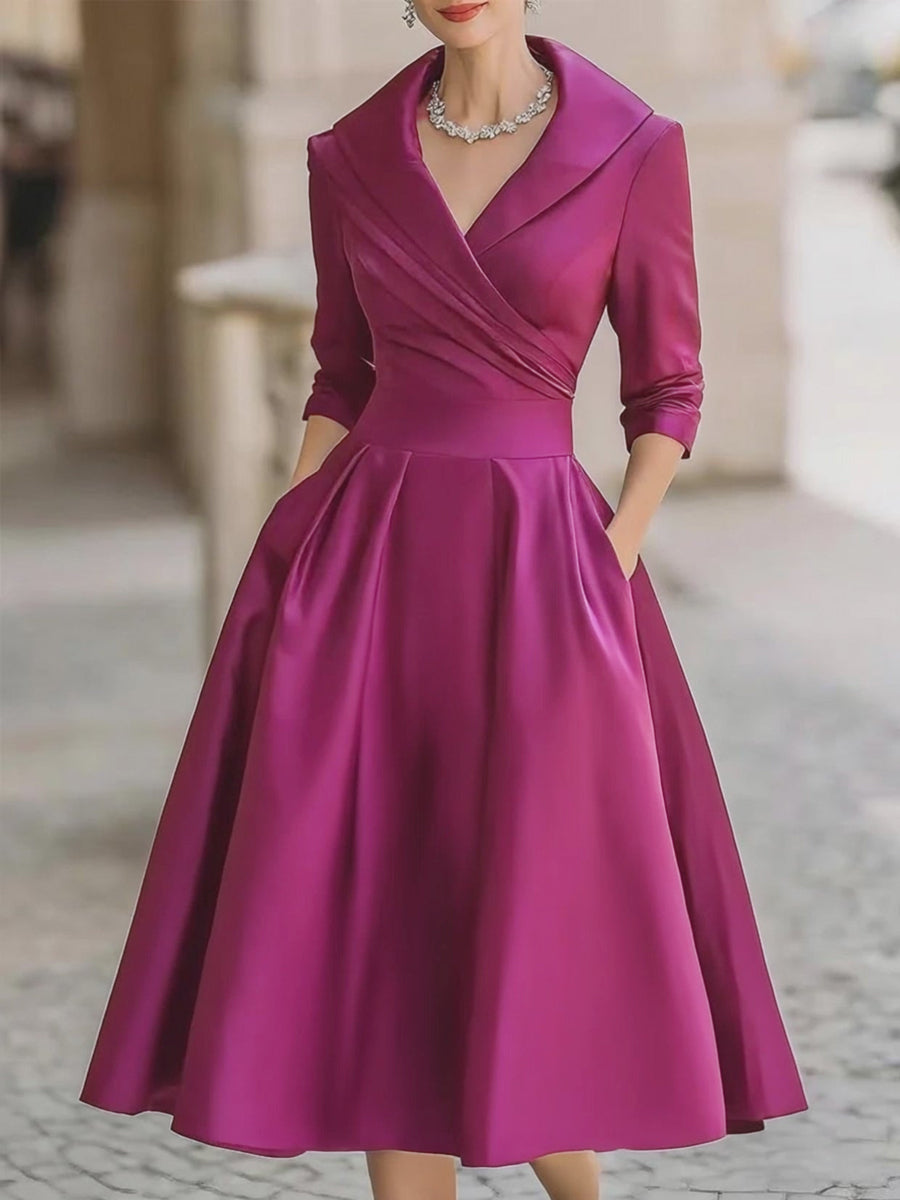 Abito Midi A-Linea da Donna – Con Collo Drappeggiato, Adatto per Primavera e Estate