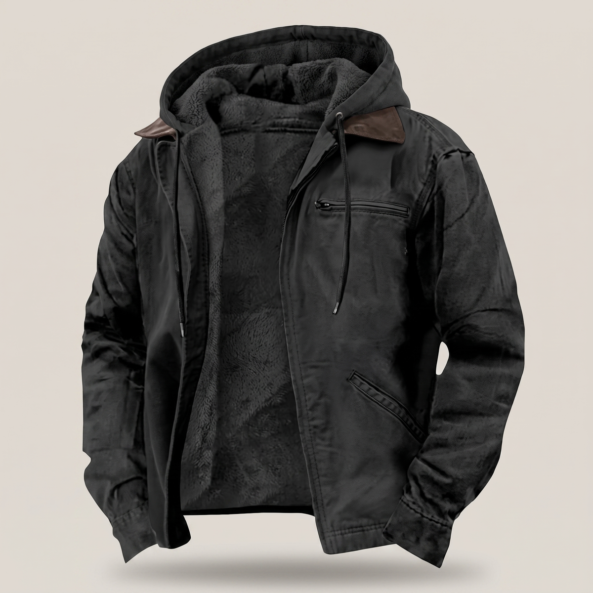 Giacca Uomo Invernale con Cappuccio Full-Zip in Canvas Foderata in Pile