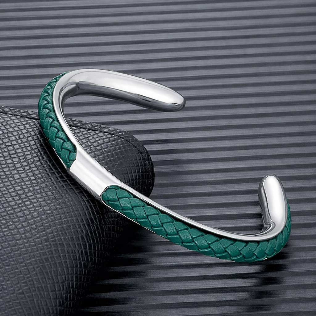 Bracciale Uomo a Polsino in Pelle e Acciaio Inossidabile