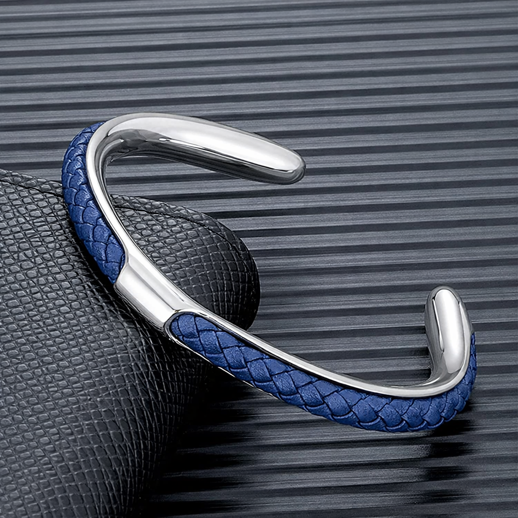 Bracciale Uomo a Polsino in Pelle e Acciaio Inossidabile