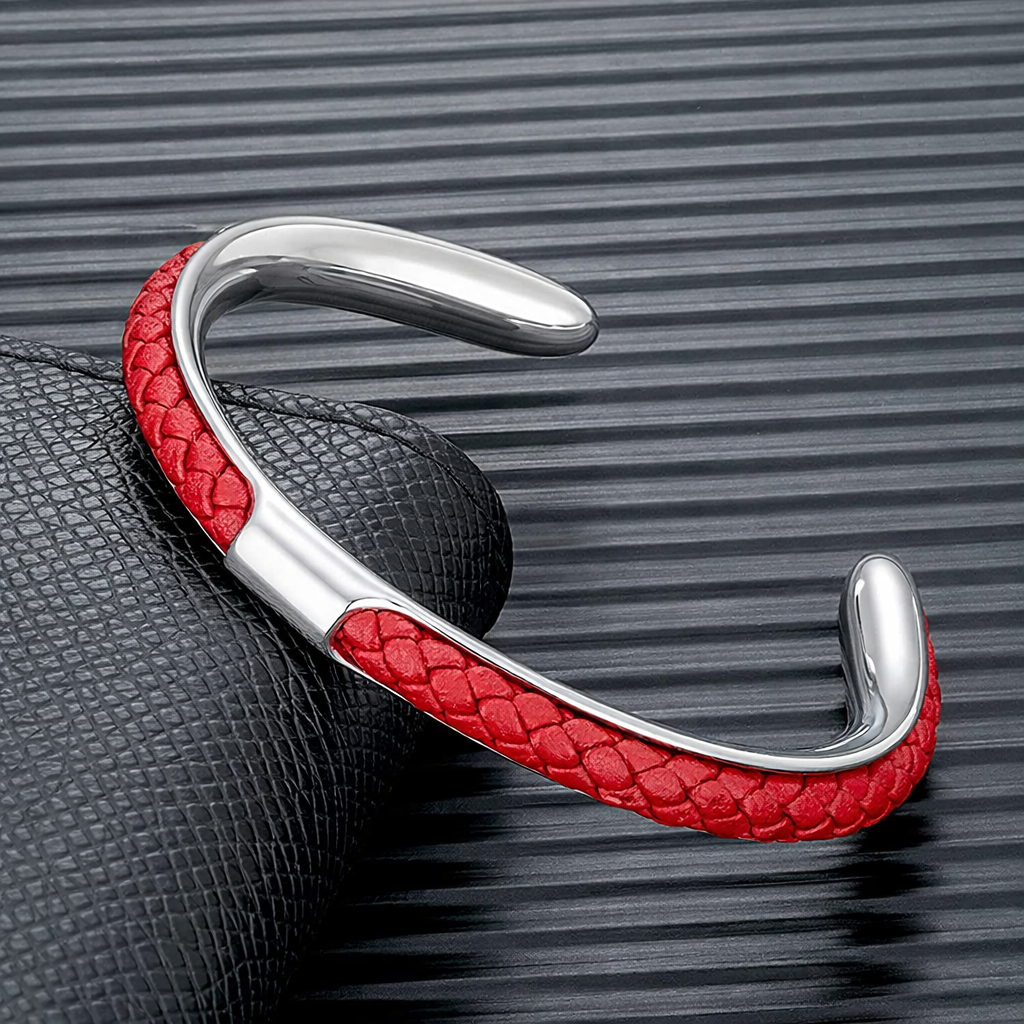 Bracciale Uomo a Polsino in Pelle e Acciaio Inossidabile