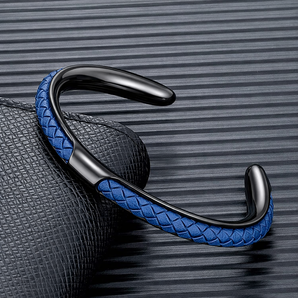 Bracciale Uomo a Polsino in Pelle e Acciaio Inossidabile
