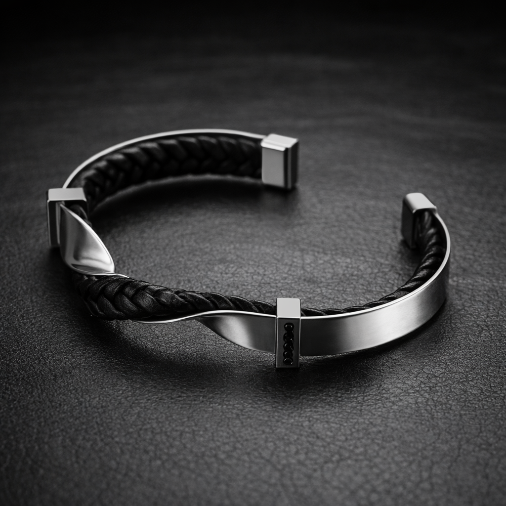 Bracciale Uomo Rigido in Pelle Intrecciata e Acciaio