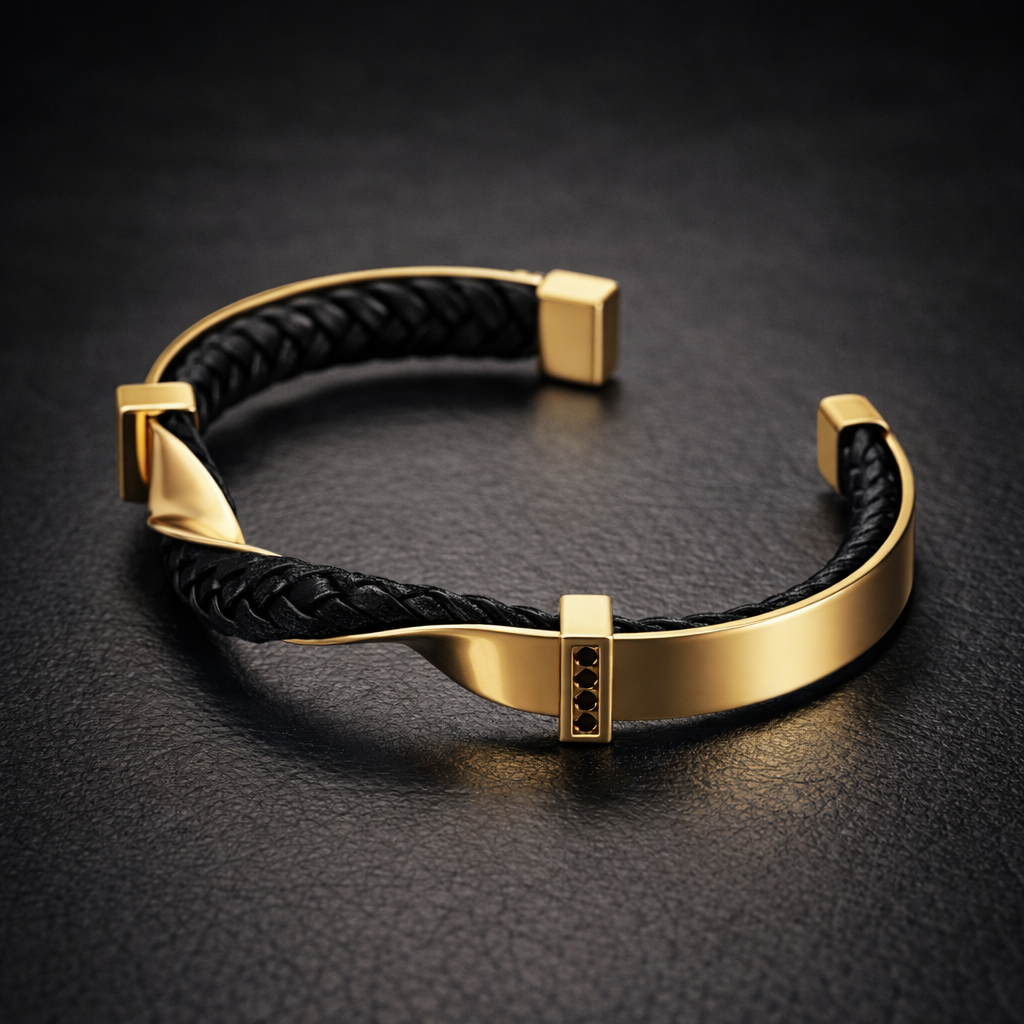 Bracciale Uomo Rigido in Pelle Intrecciata e Acciaio