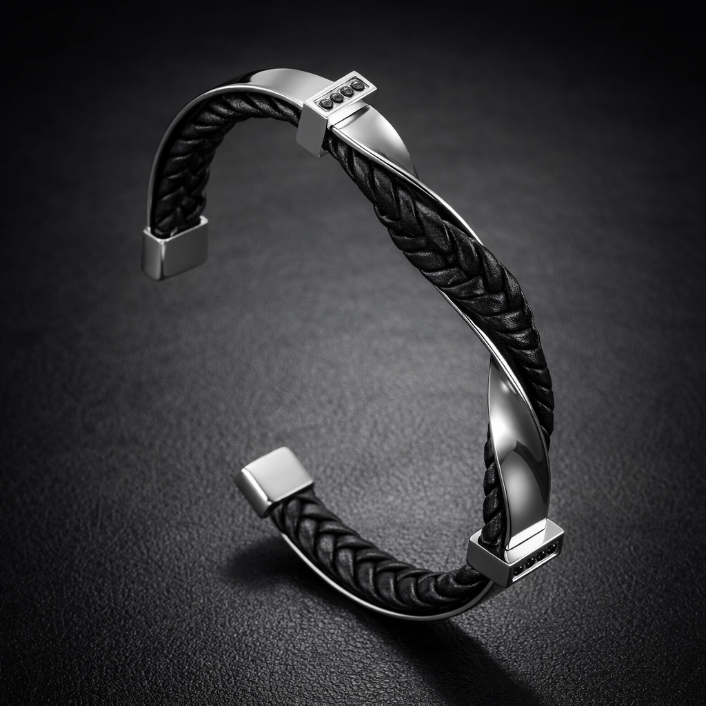 Bracciale Uomo Rigido in Pelle Intrecciata e Acciaio