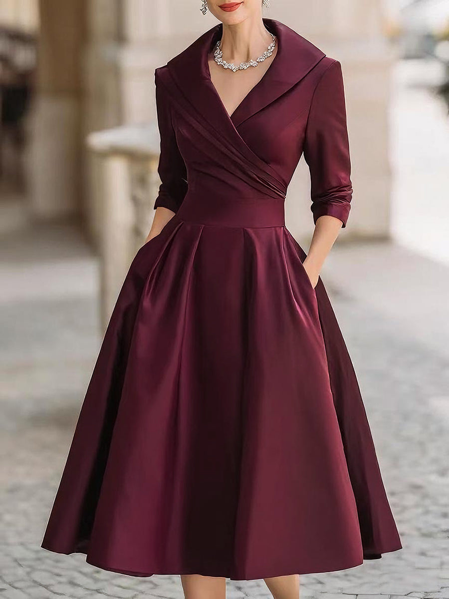 Abito Midi A-Linea da Donna – Con Collo Drappeggiato, Adatto per Primavera e Estate