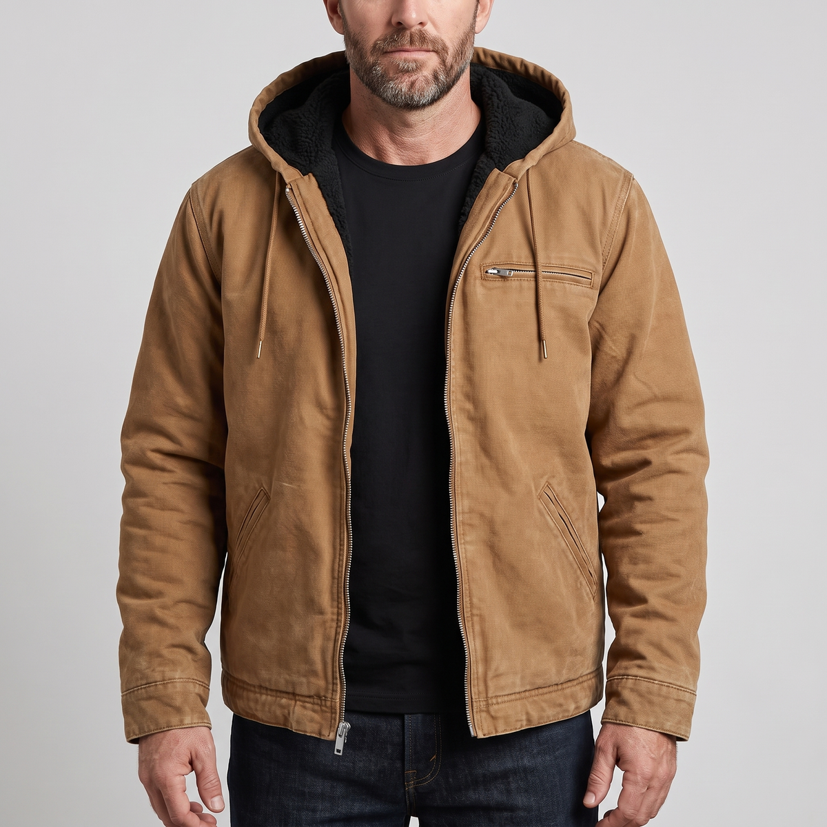 Giacca Uomo Invernale con Cappuccio Full-Zip in Canvas Foderata in Pile