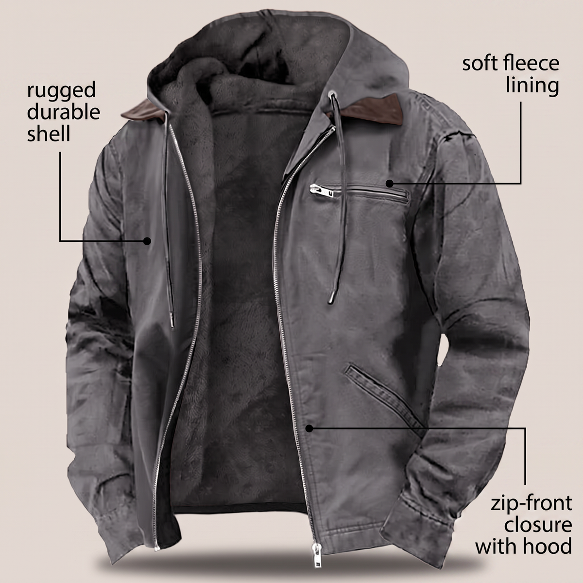 Giacca Uomo Invernale con Cappuccio Full-Zip in Canvas Foderata in Pile