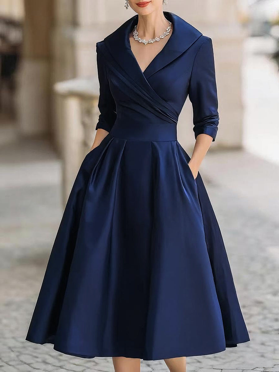 Abito Midi A-Linea da Donna – Con Collo Drappeggiato, Adatto per Primavera e Estate
