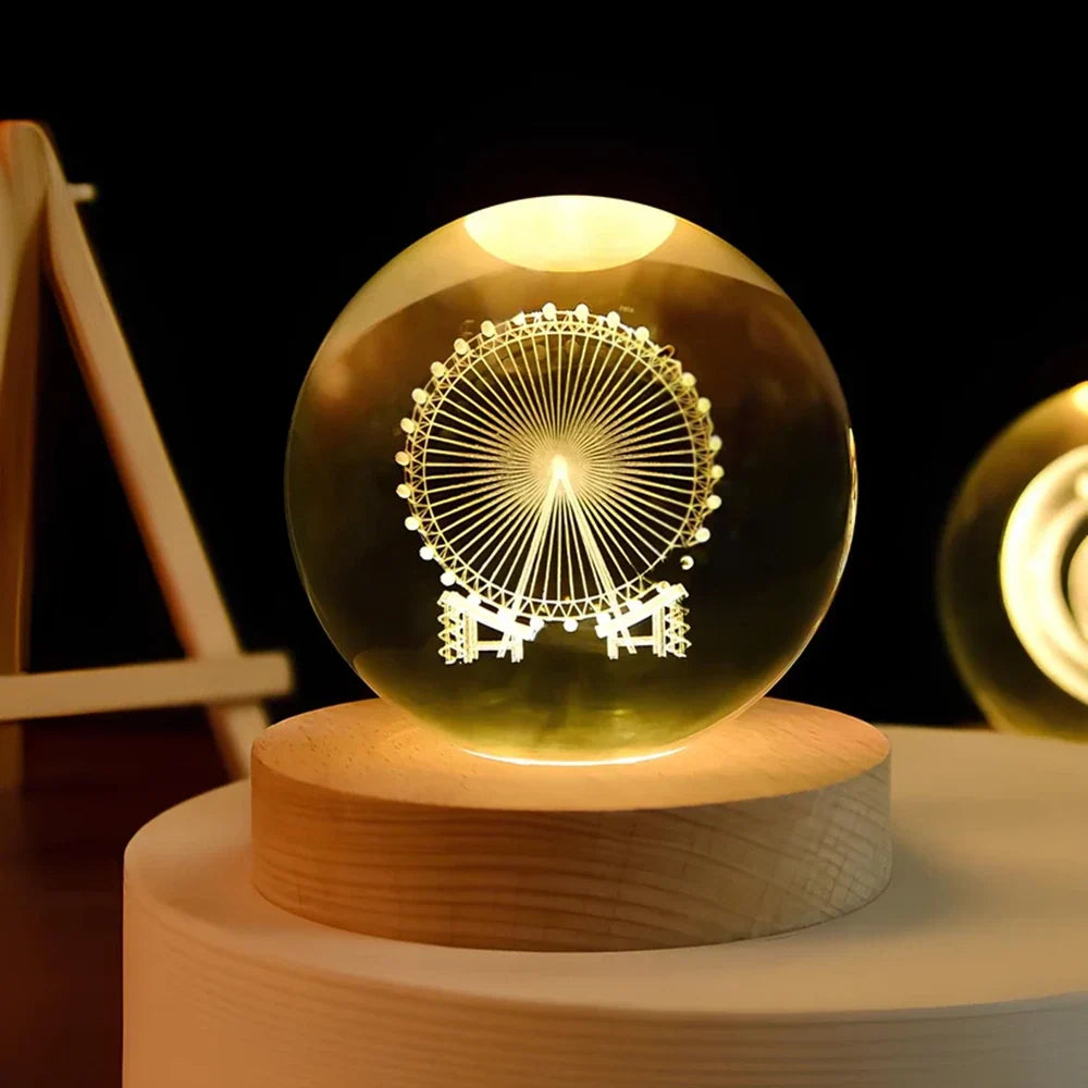 Sfera di Cristallo Luminosa 3D con Base LED in Legno - Lampada da Notte USB