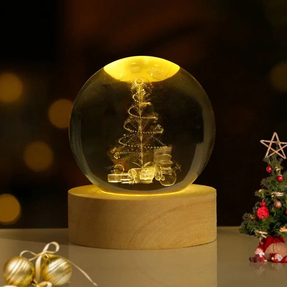 Sfera di Cristallo Luminosa 3D con Base LED in Legno - Lampada da Notte USB
