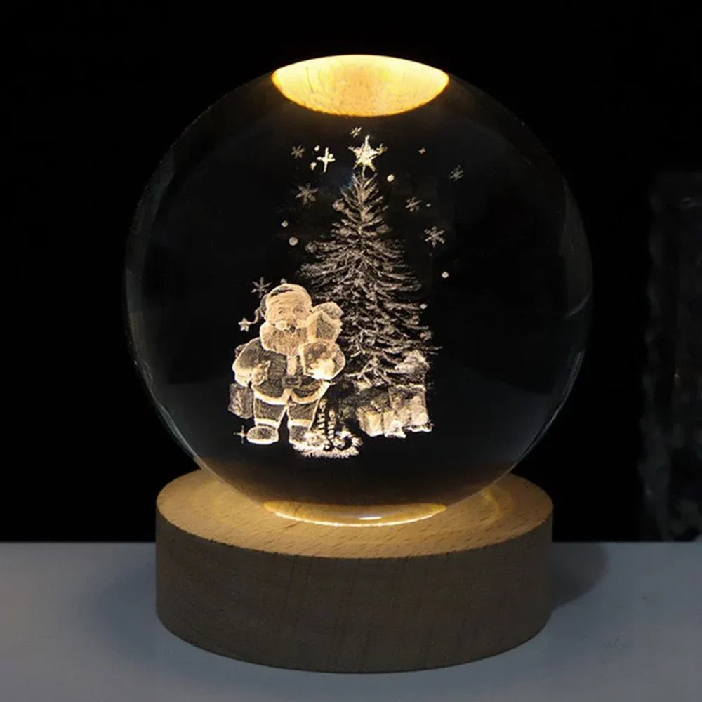 Sfera di Cristallo Luminosa 3D con Base LED in Legno - Lampada da Notte USB