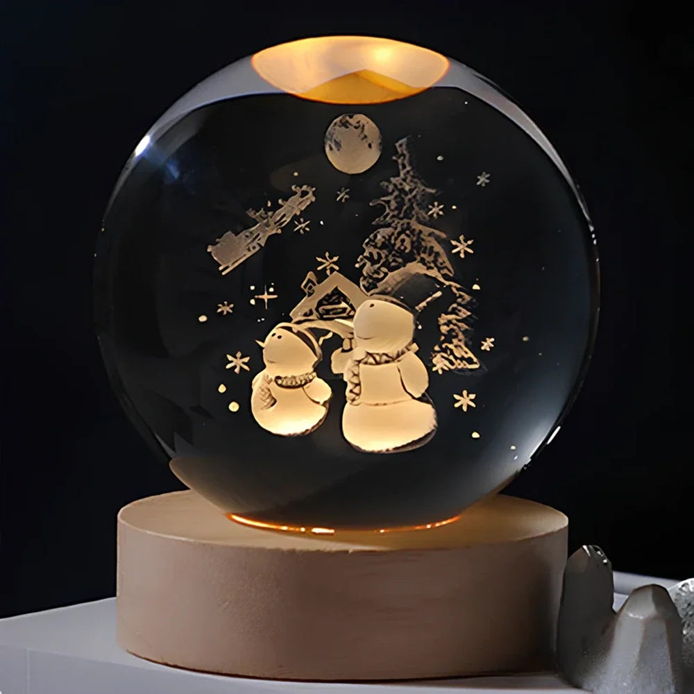 Sfera di Cristallo Luminosa 3D con Base LED in Legno - Lampada da Notte USB