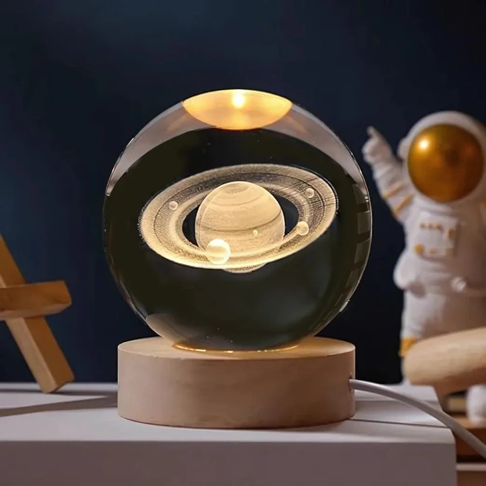 Sfera di Cristallo Luminosa 3D con Base LED in Legno - Lampada da Notte USB