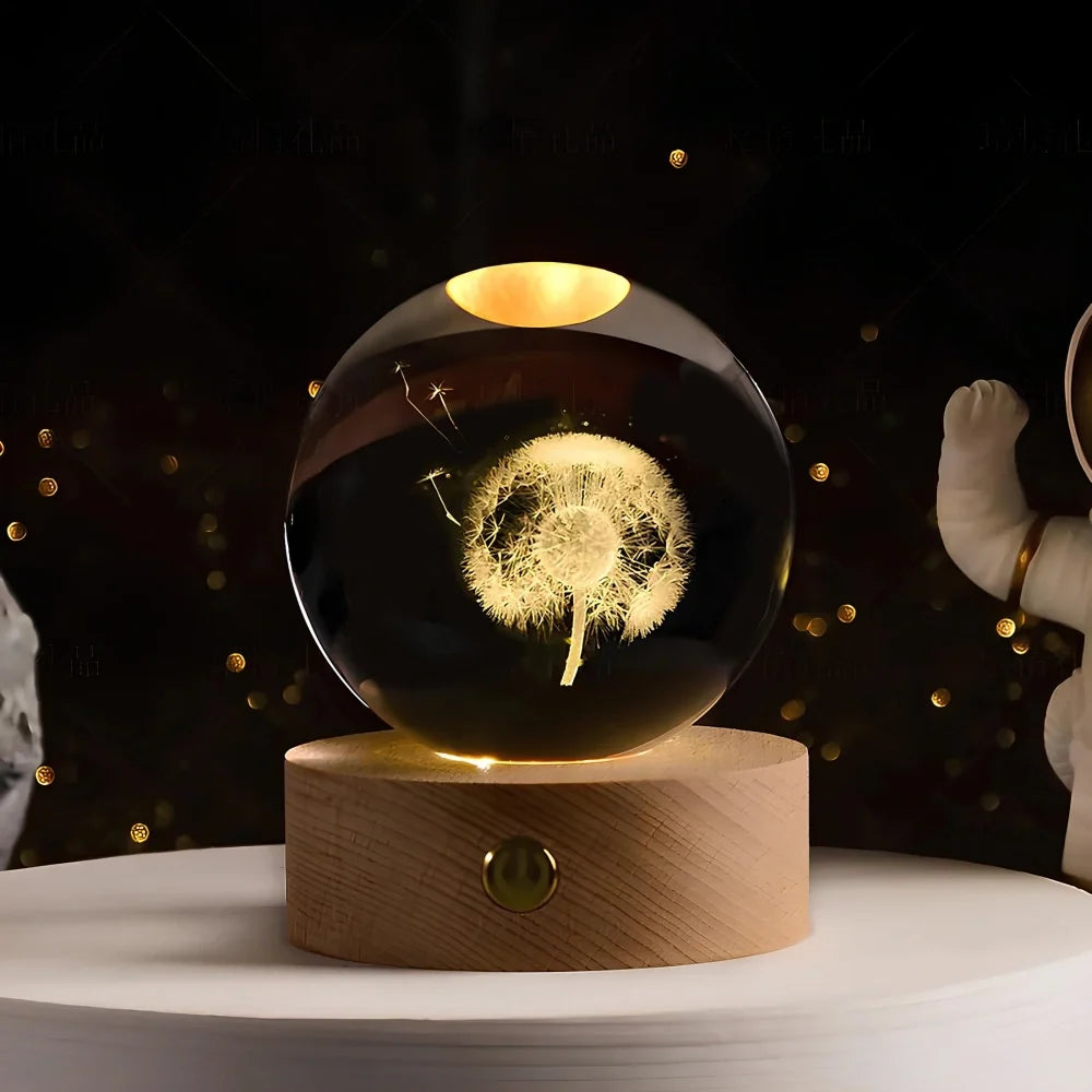 Sfera di Cristallo Luminosa 3D con Base LED in Legno - Lampada da Notte USB