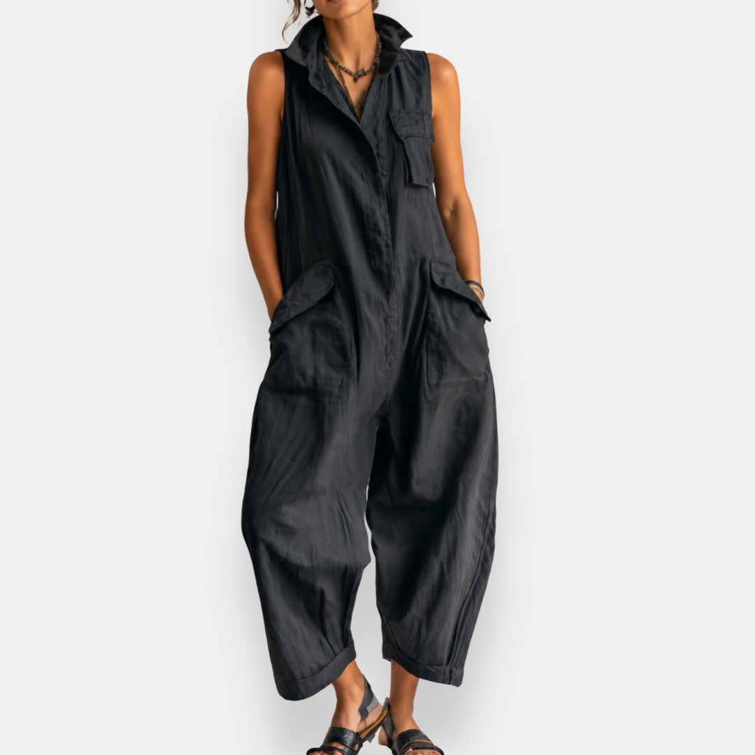 Tuta Jumpsuit Donna Senza Maniche Stile Cargo con Colletto