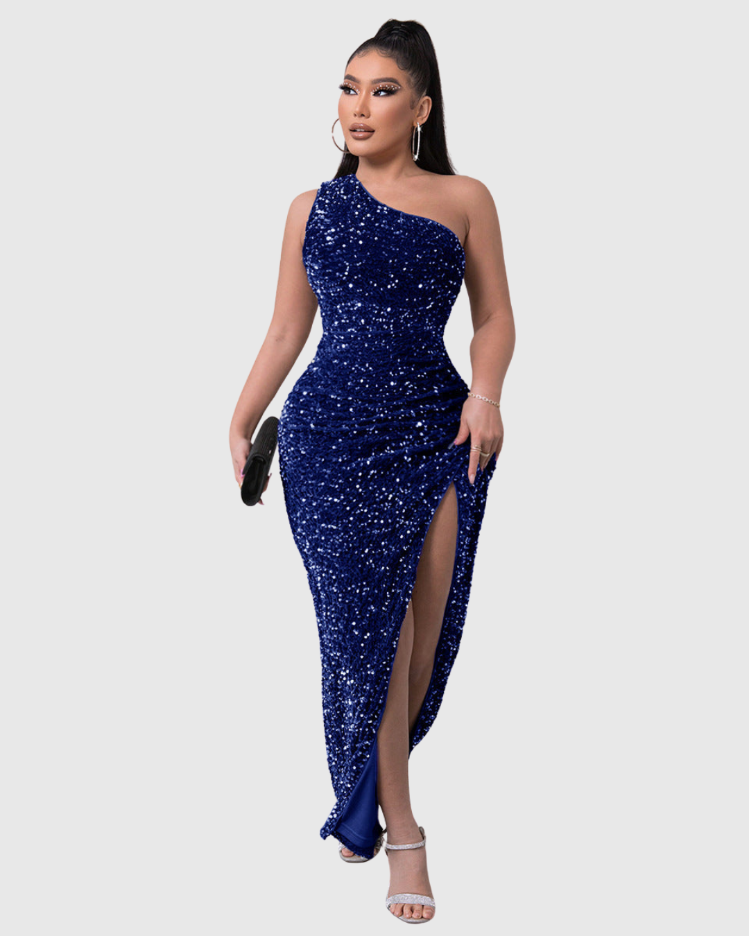 Abito da Sera Donna Monospalla con Paillettes - Lungo con Spacco