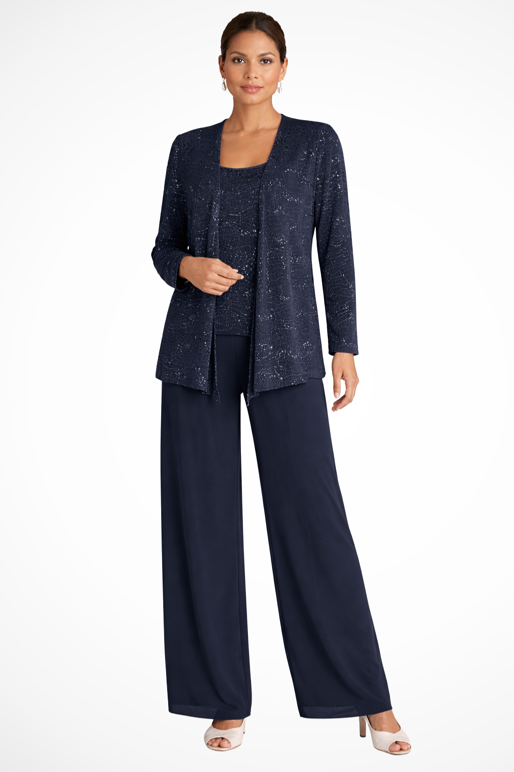 Tailleur Donna Tre Pezzi in Pizzo e Paillettes - Pantaloni Palazzo Cerimonia