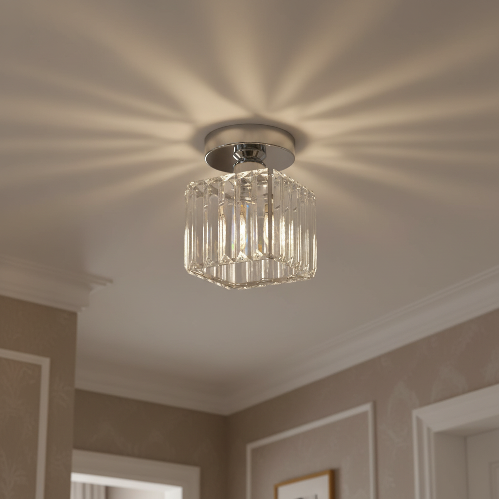 Plafoniera da Soffitto Nera con Paralume in Cristallo e Struttura in Ottone