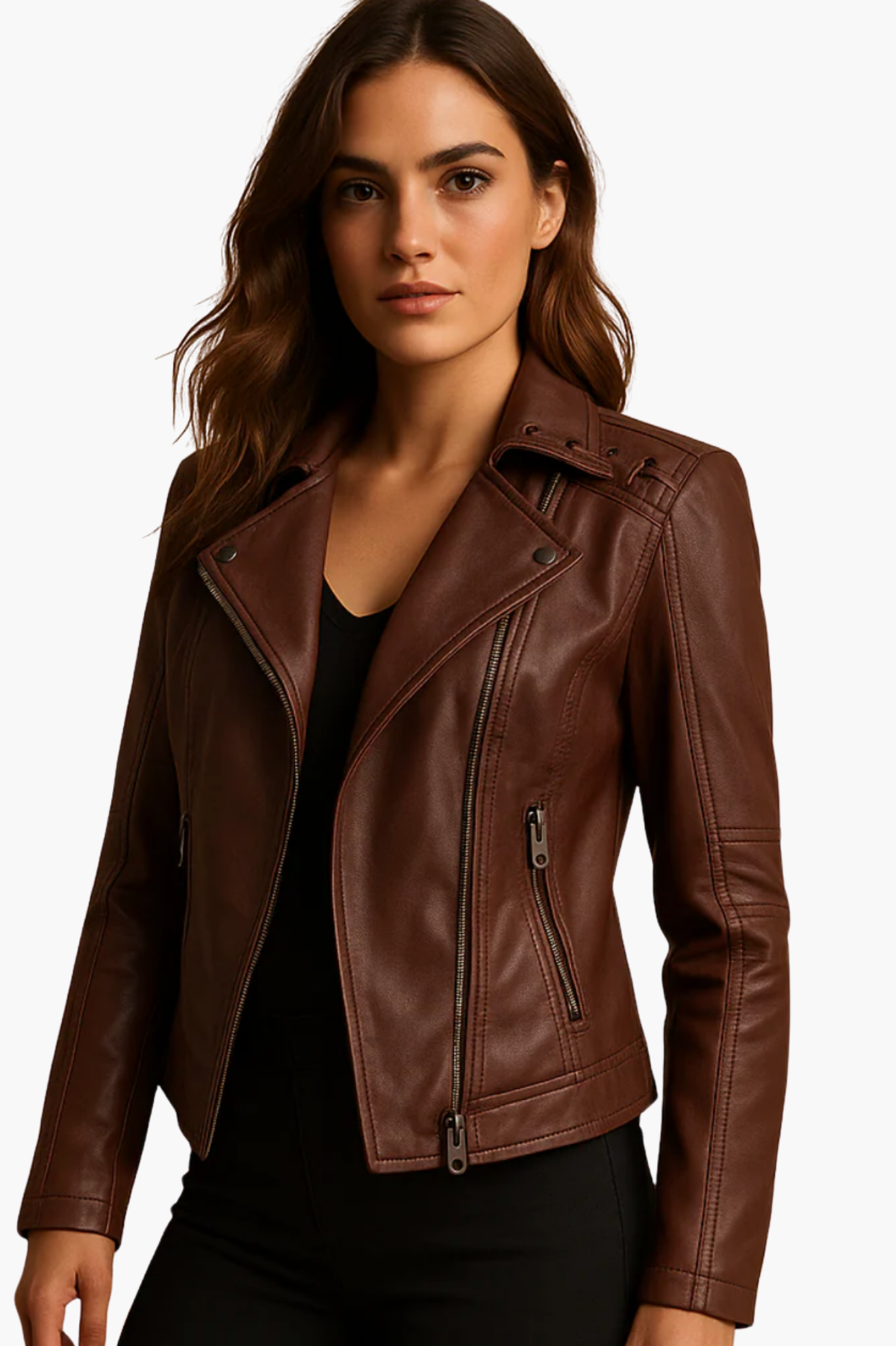 Veste biker en cuir femme, coupe ajustée style rock chic, détail matière