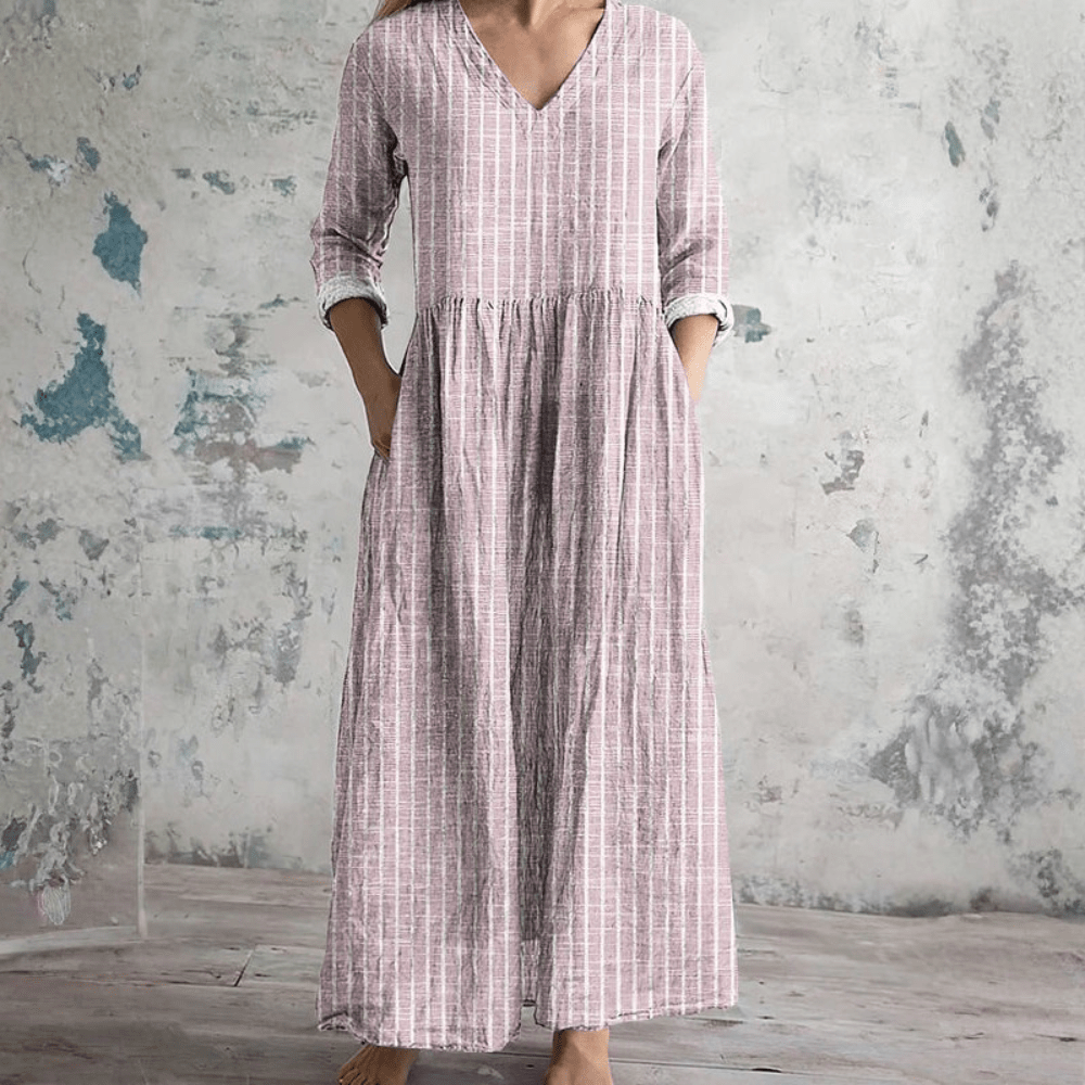 Vestito Donna a Righe Scollo V Manica Lunga