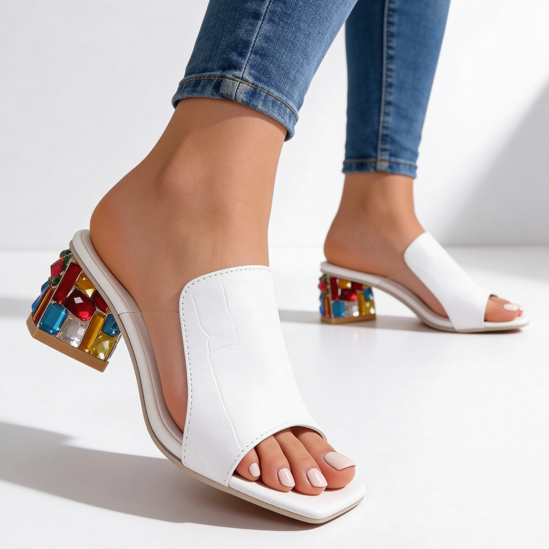 Sandali Donna Slide Tacco Gioiello con Strass Multicolor