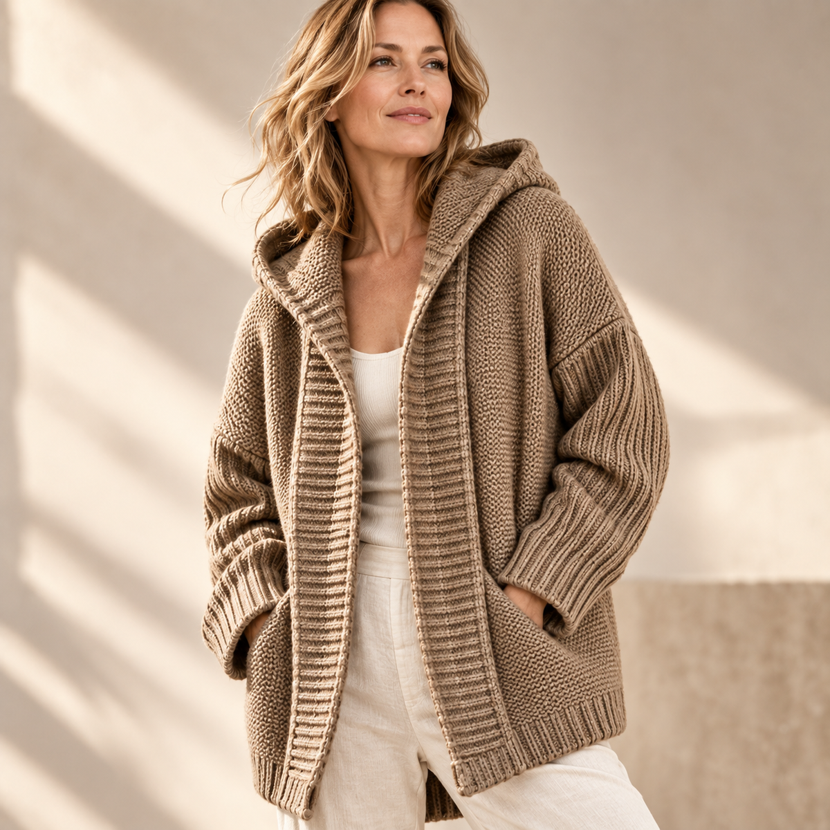 Cardigan Donna con Cappuccio Maglia Grossa Lunga