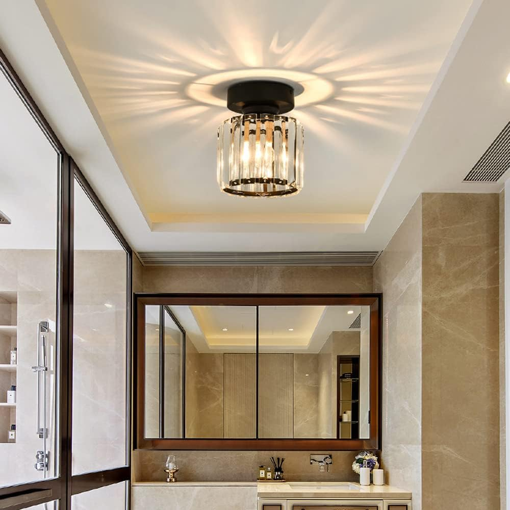 Plafoniera da Soffitto Nera con Paralume in Cristallo e Struttura in Ottone
