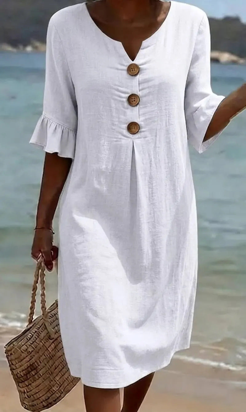 Vestito Donna Elegante Ampio in Poliestere con Bottoni
