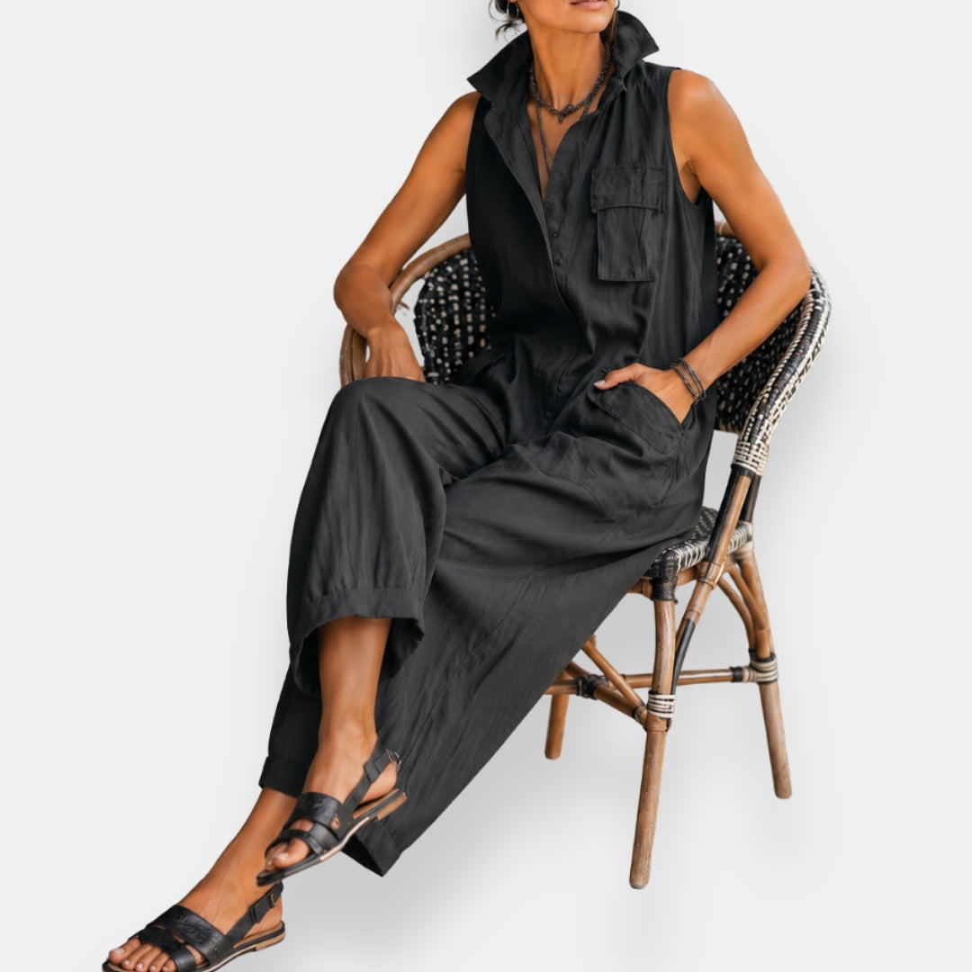 Tuta Jumpsuit Donna Senza Maniche Stile Cargo con Colletto