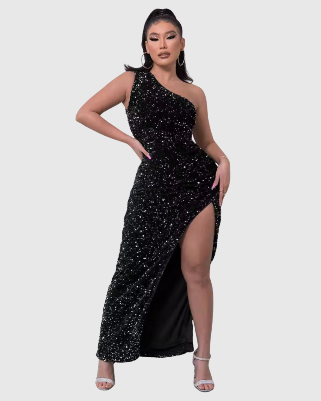 Abito da Sera Donna Monospalla con Paillettes - Lungo con Spacco