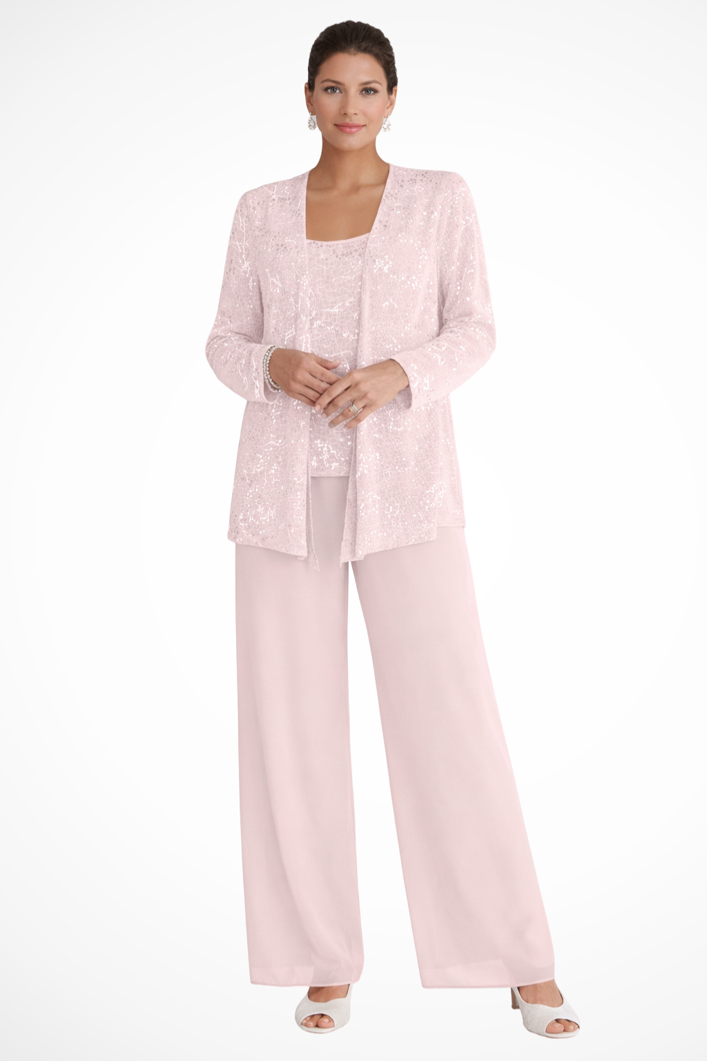 Tailleur Donna Tre Pezzi in Pizzo e Paillettes - Pantaloni Palazzo Cerimonia