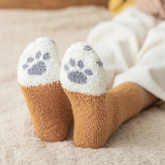 Calzini Donna con Zampetta di Gatto Ricamata - Calze Peluche Termiche