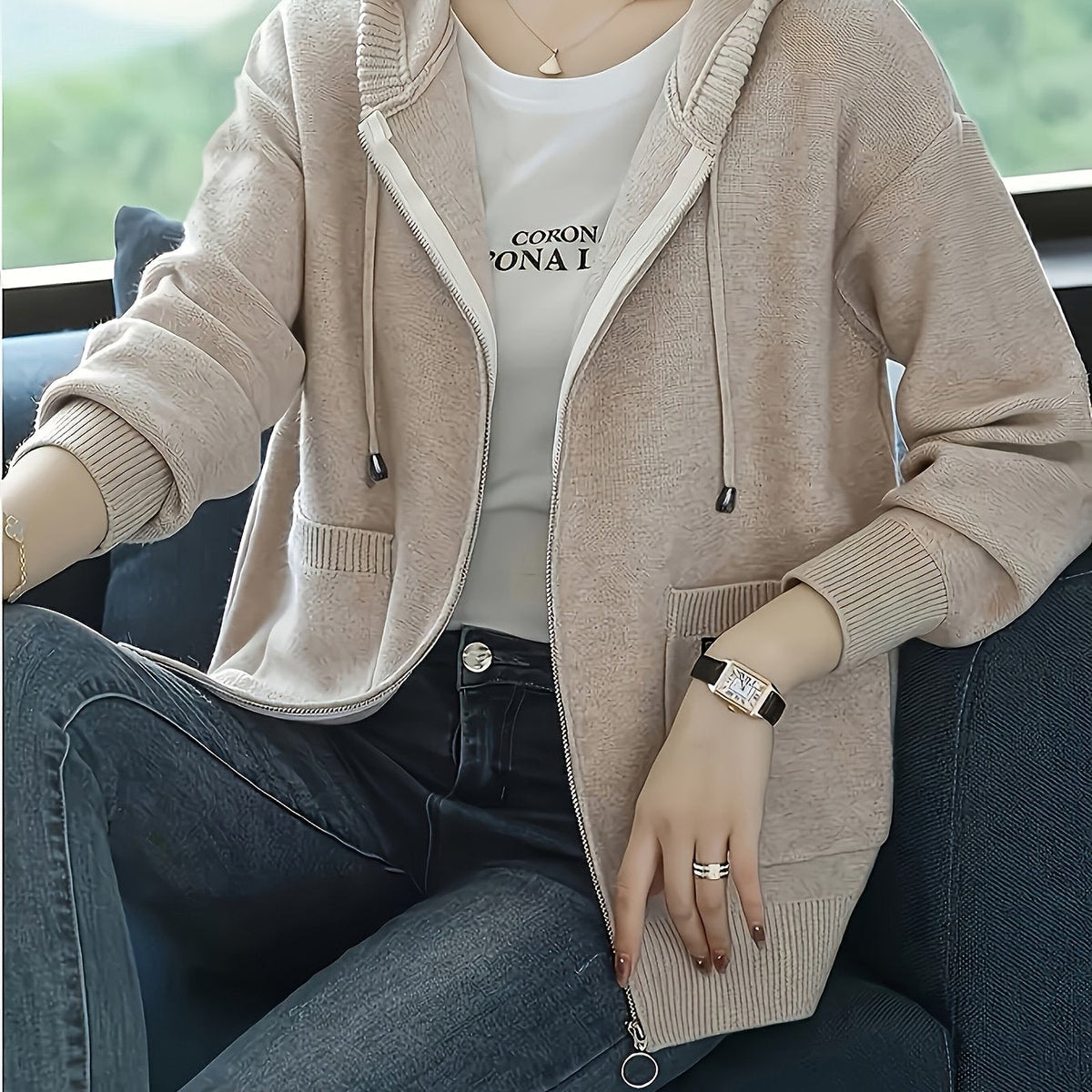 Sidonie™ | Women's Zip Up Hooded Knit Cardigan with Pockets