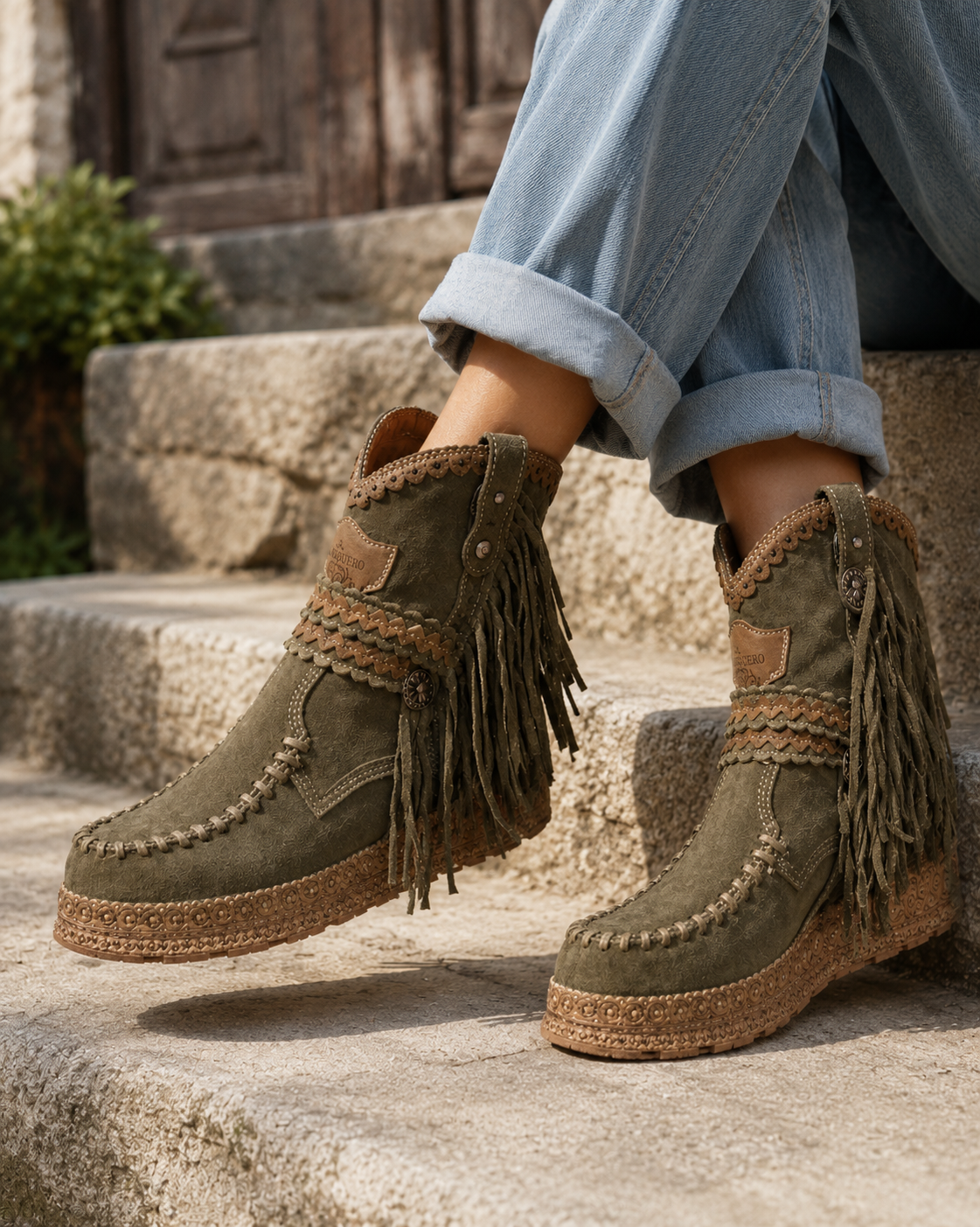 Stivali Western Donna in Camoscio con Frange e Suola Antiscivolo