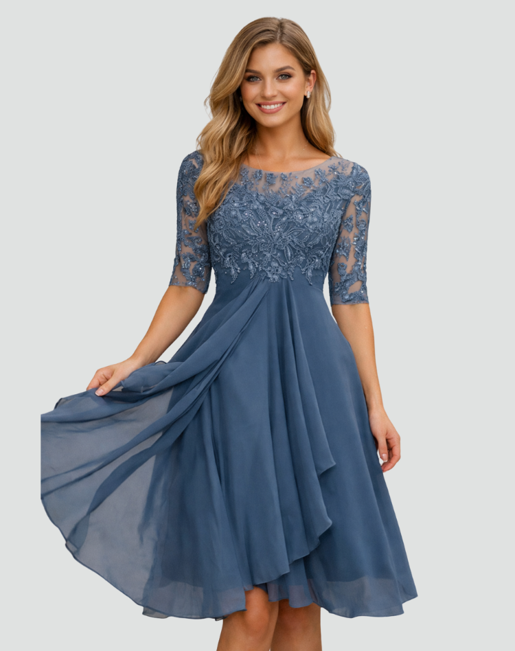 Abito Midi da Cerimonia Donna con Pizzo e Maniche a Tre Quarti
